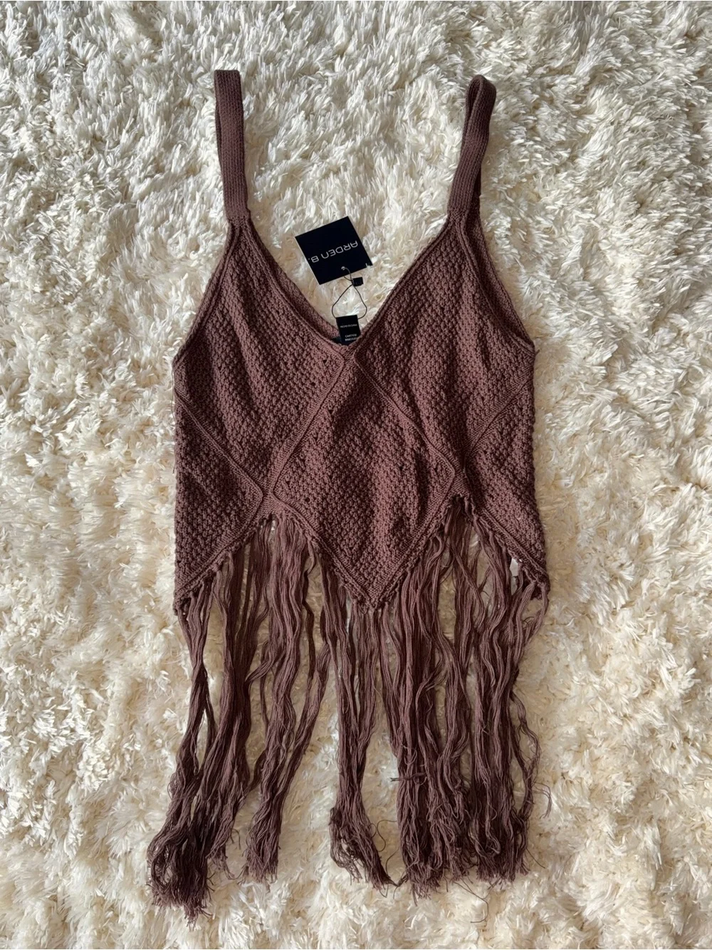 Arden B Brown Crochet Fringe V-Neck Camisole - Picture 1 of 2